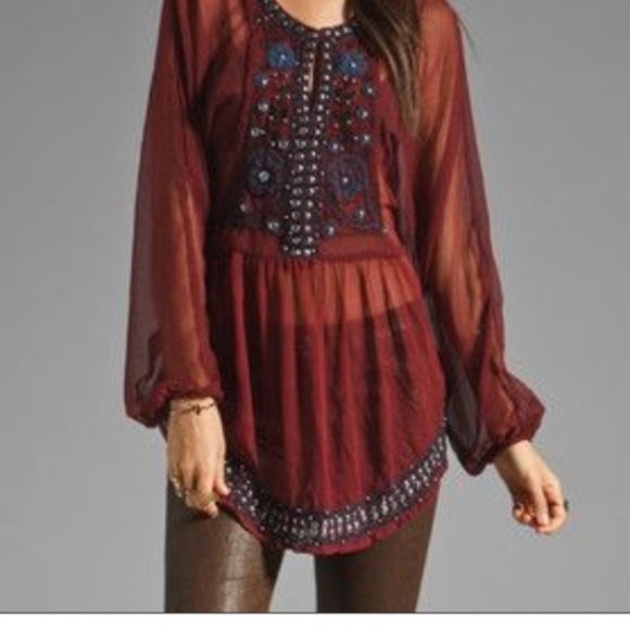 FREE PEOPLE INDIE GODDESS Embroidered & Beaded Sheer Tunic Top GORGEOUS! Size  S - Picture 1 of 5